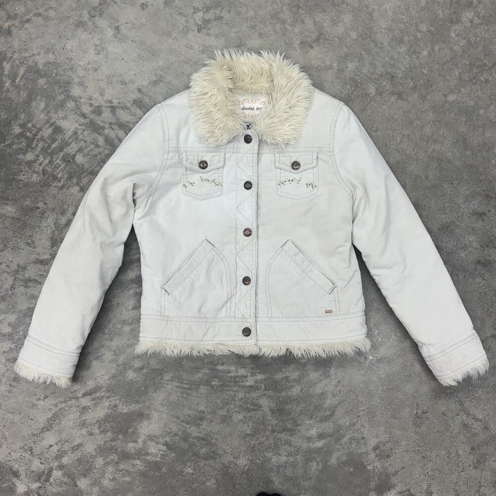 Y2K Limited Too Girls Sz 14 Medium Faux Fur Lined Cream Corduroy Button Jacket